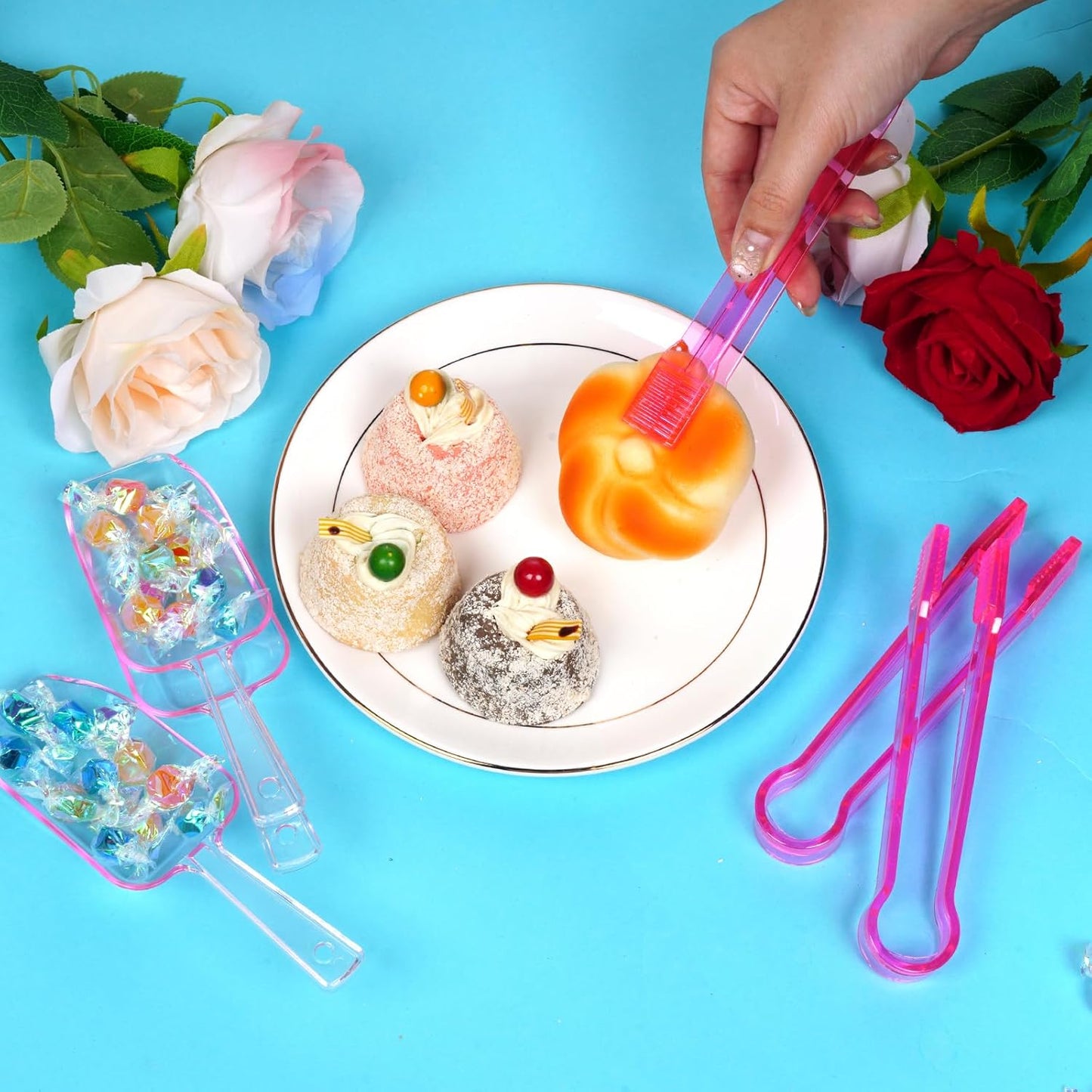 12Pcs Clear Plastic Ice Scoops Tongs Set, Small Tongs for Serving Food, Mini Candy Scoops for Candy Buffet Dry Goods Freezer Bin Canisters (Clear Pink)