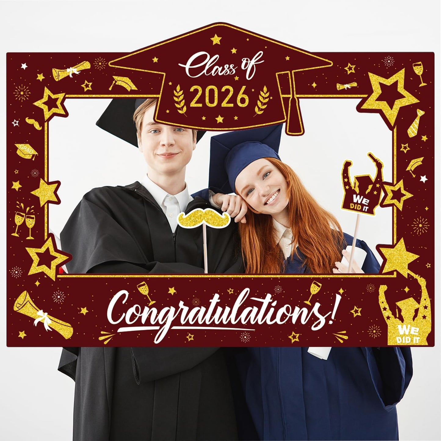 Graduation Decorations Class of 2026 Photo Booth Props - Blue and Gold 2026 Graduation Frame & Photo Props Congrats Grad Class of 2026 Decor for Graduation Party Supplies
