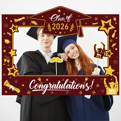 Graduation Decorations Class of 2026 Photo Booth Props - Blue and Gold 2026 Graduation Frame & Photo Props Congrats Grad Class of 2026 Decor for Graduation Party Supplies