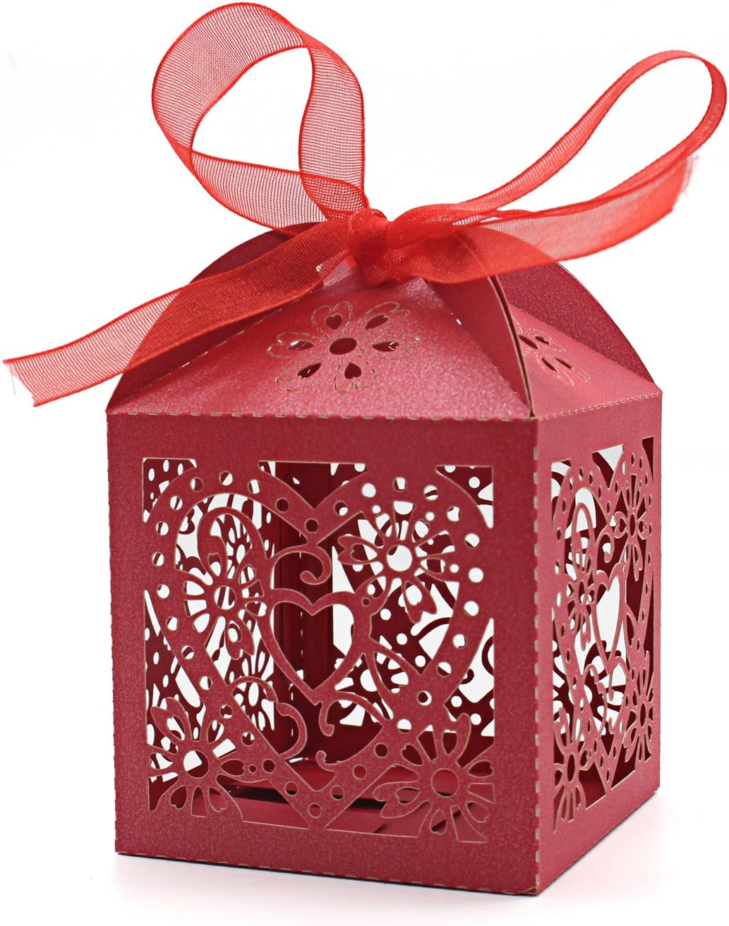 KPOSIYA 100 Pack Love Heart Laser Cut Wedding Party Favor Box Candy Bag Chocolate Gift Boxes Bridal Birthday Shower Bomboniere with Ribbons