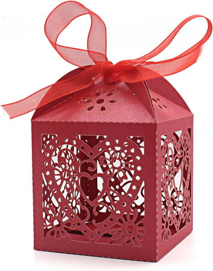 KPOSIYA 100 Pack Love Heart Laser Cut Wedding Party Favor Box Candy Bag Chocolate Gift Boxes Bridal Birthday Shower Bomboniere with Ribbons