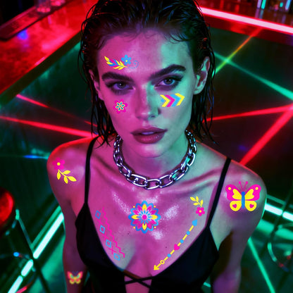 Glow in the Dark Tattoos 256+ PCS – Luminous Party Supplies Neon Body Paint UV Face Temporary Tattoos for Adults Teens, 32 Sheets Neon Accessories Carnival Raves Party Favors & Decorations