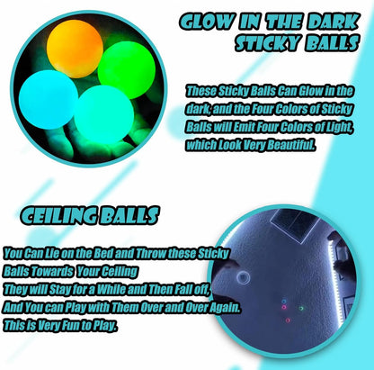 Glow in The Dark Sticky Balls that Stick to The Ceiling,Stress Balls for Kids and Adults,Glowing Sticky Ball,ASMR Cool Stuff for Teens,Elevated Ball,Glow Toys,LumiBalls,Stocking Stuffers(4Pcs)