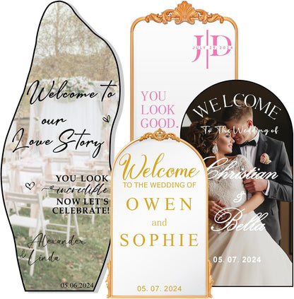 Custom Name Welcome to Our Wedding Signs Personalized Wedding Mirror Decals Selfie Mirror Decal for Wedding Entry Reception Display Golden Date Marriage DIY Vinyl Lettering Welcome Party Decoration