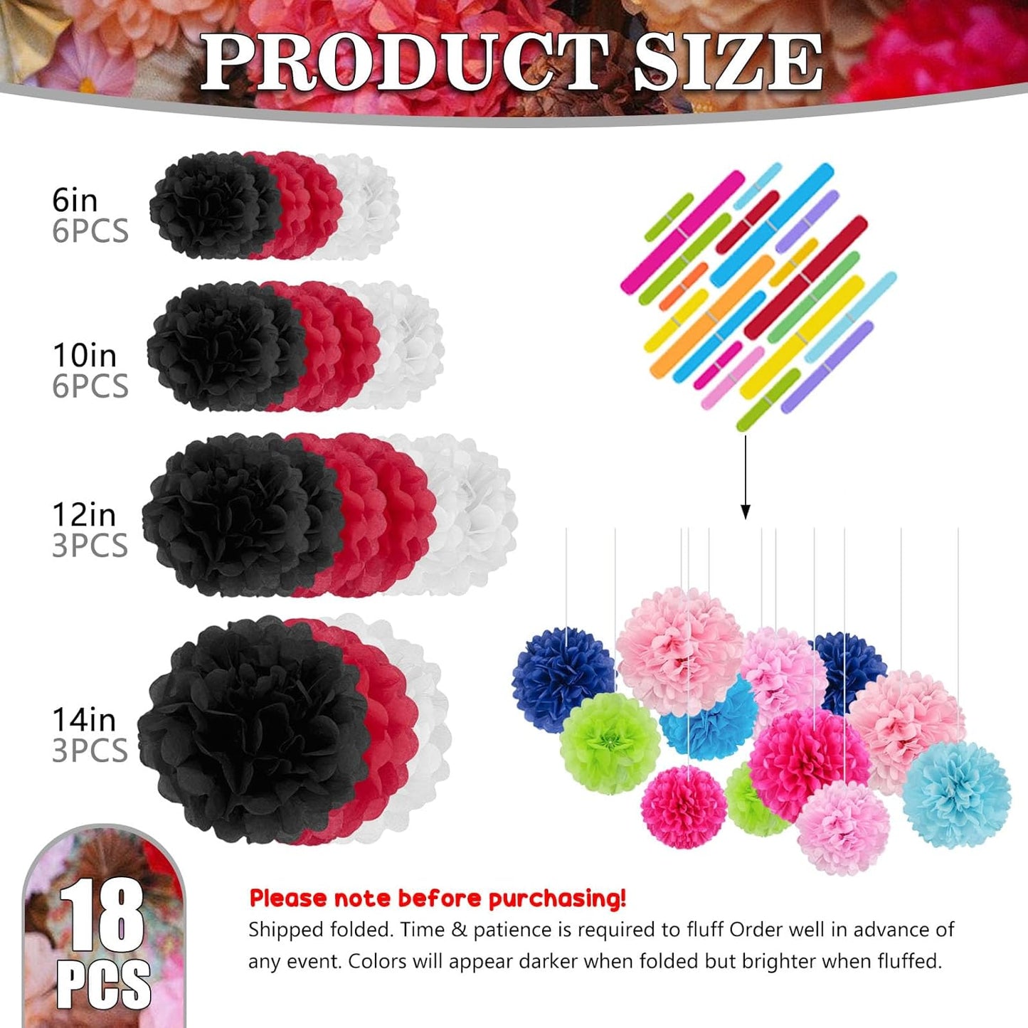 Tissue Paper Pom Poms, Pink Tissue Paper Flowers, Hanging Flower Balls for Weddings Fiesta Parties Birthday Baby Showers Classroom Bridal Shower Decoration (18Piece Set-6/10/12/14Inch)