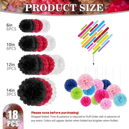 Tissue Paper Pom Poms, Pink Tissue Paper Flowers, Hanging Flower Balls for Weddings Fiesta Parties Birthday Baby Showers Classroom Bridal Shower Decoration (18Piece Set-6/10/12/14Inch)