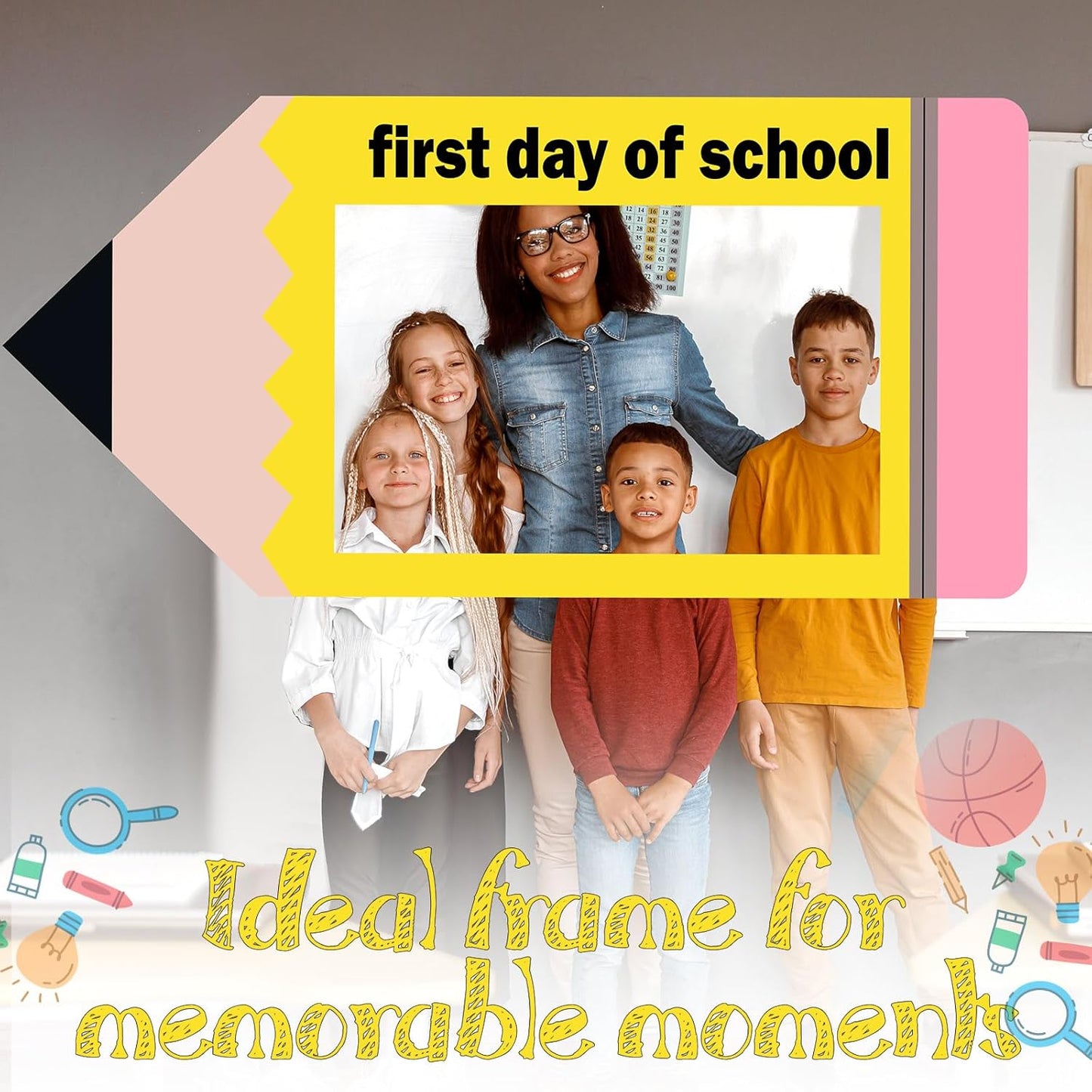 Aurelema 35 x 16 Inch First Day of School Back to School Party Photo Booth Prop Selfie Frame KT Board Pencil Shape Picture Frame Prop Welcome Party Supplies for Students Teacher Classroom