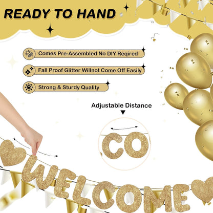 Fulmoon Pre Strung Welcome to The Team Banner with Two Heart Signs, NO DIY, Glitter Welcome Party Supplies for New Employee, Coworker, Colleague, Staff, Team Member Office Decorations(Champagne Gold)