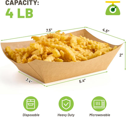 ZORRITA 3 Lb Paper Food Trays - 50 Pack Disposable Nacho Trays, Kraft Paper Food Boats Taco Holders Party Serving Baskets for Hot Dogs Snacks Tacos Fries