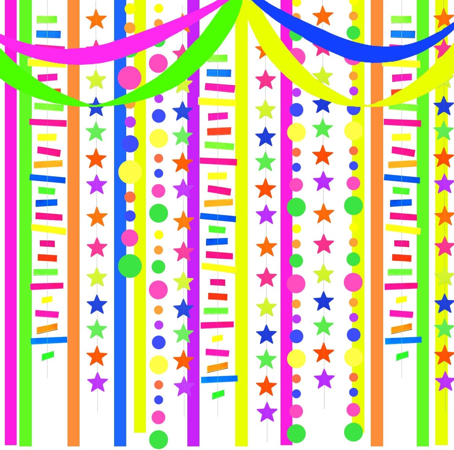 56 Pieces Rainbow Hanging Swirl Decorations Neon Swirl Streamers UV Neon Garland Ceiling Decorations Glow in The Dark Neon Party Supplies and Decorations Black Light Party Kit for Birthday Wedding