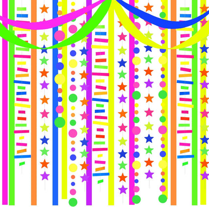 56 Pieces Rainbow Hanging Swirl Decorations Neon Swirl Streamers UV Neon Garland Ceiling Decorations Glow in The Dark Neon Party Supplies and Decorations Black Light Party Kit for Birthday Wedding