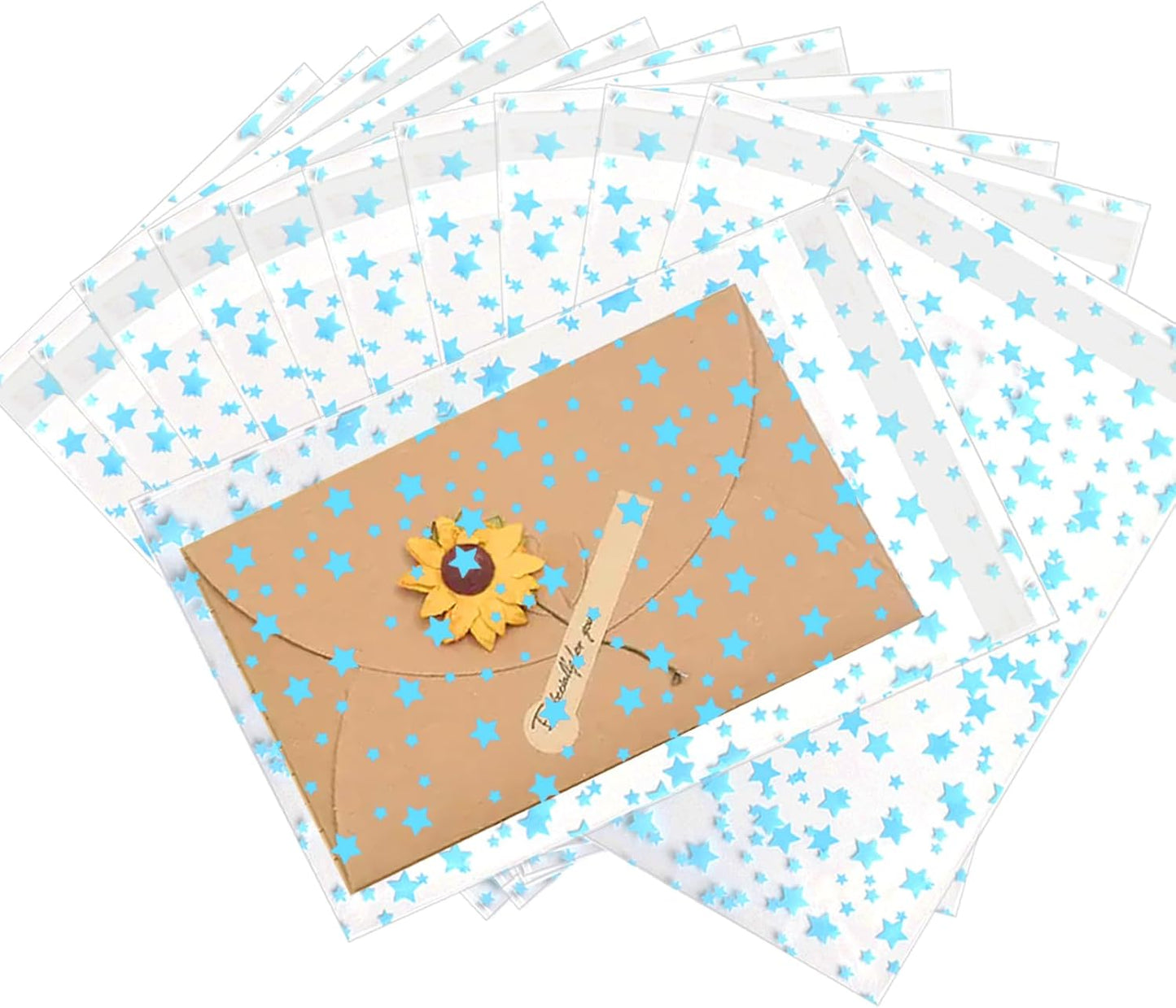 100 Pcs Star Printed 5"X 7" Gift Wrap Cello Cellophane Treat Bags Party Favor bags Clear Candy Cookie Bag Plastic Poly Goodie Storage Bag with Twist Ties for Bakery,Birthday, Wedding ,Party Decorations (Gold)