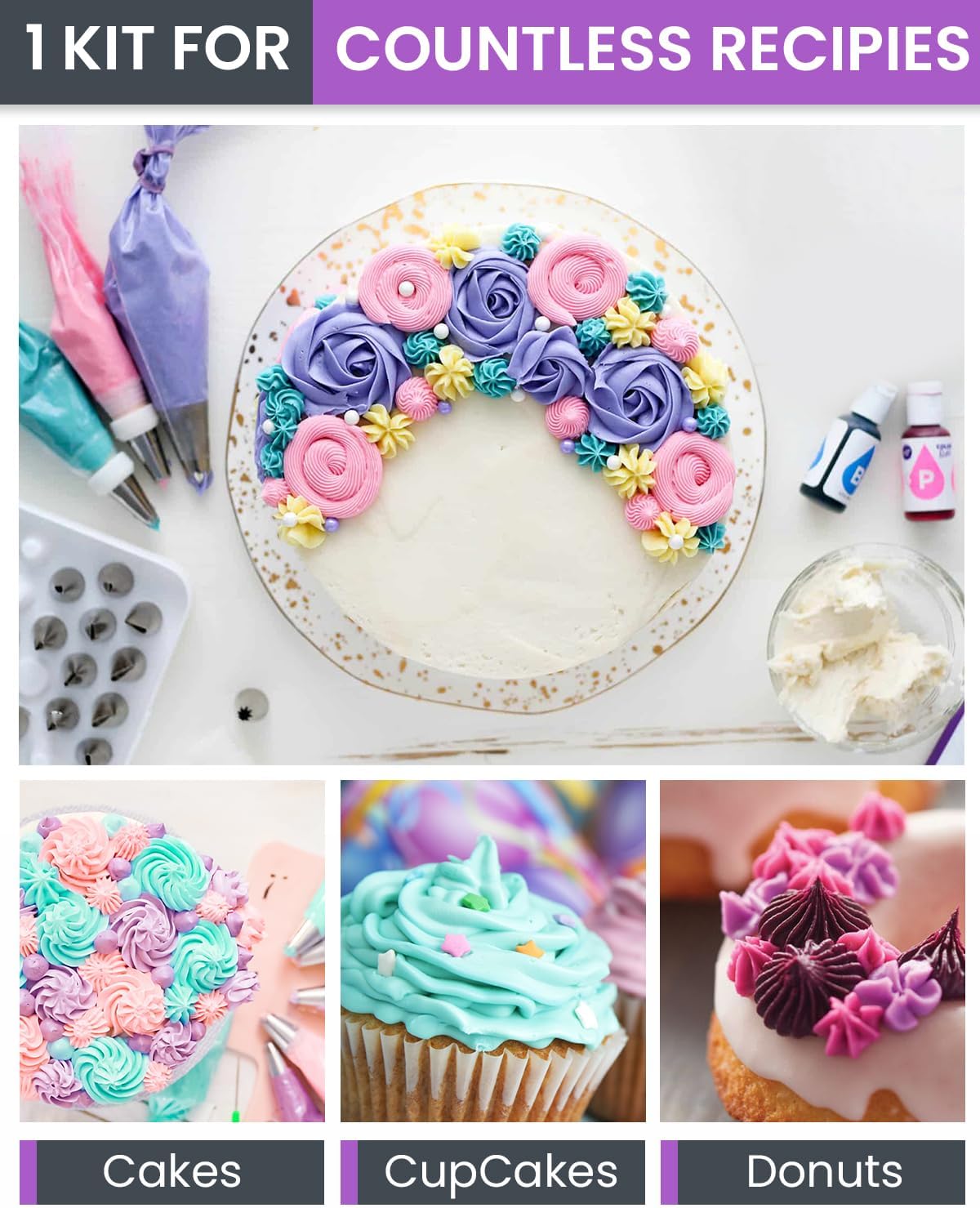 RFAQK 74 PCs Icing Piping Bags and Tips Set, Cake Decorating Kit with 48-Numbered Piping Tips, Anti Burst Pastry Bags for Cookie Cupcake Cake Decoration, Cake Decorating Tips Set with Booklet & E-book