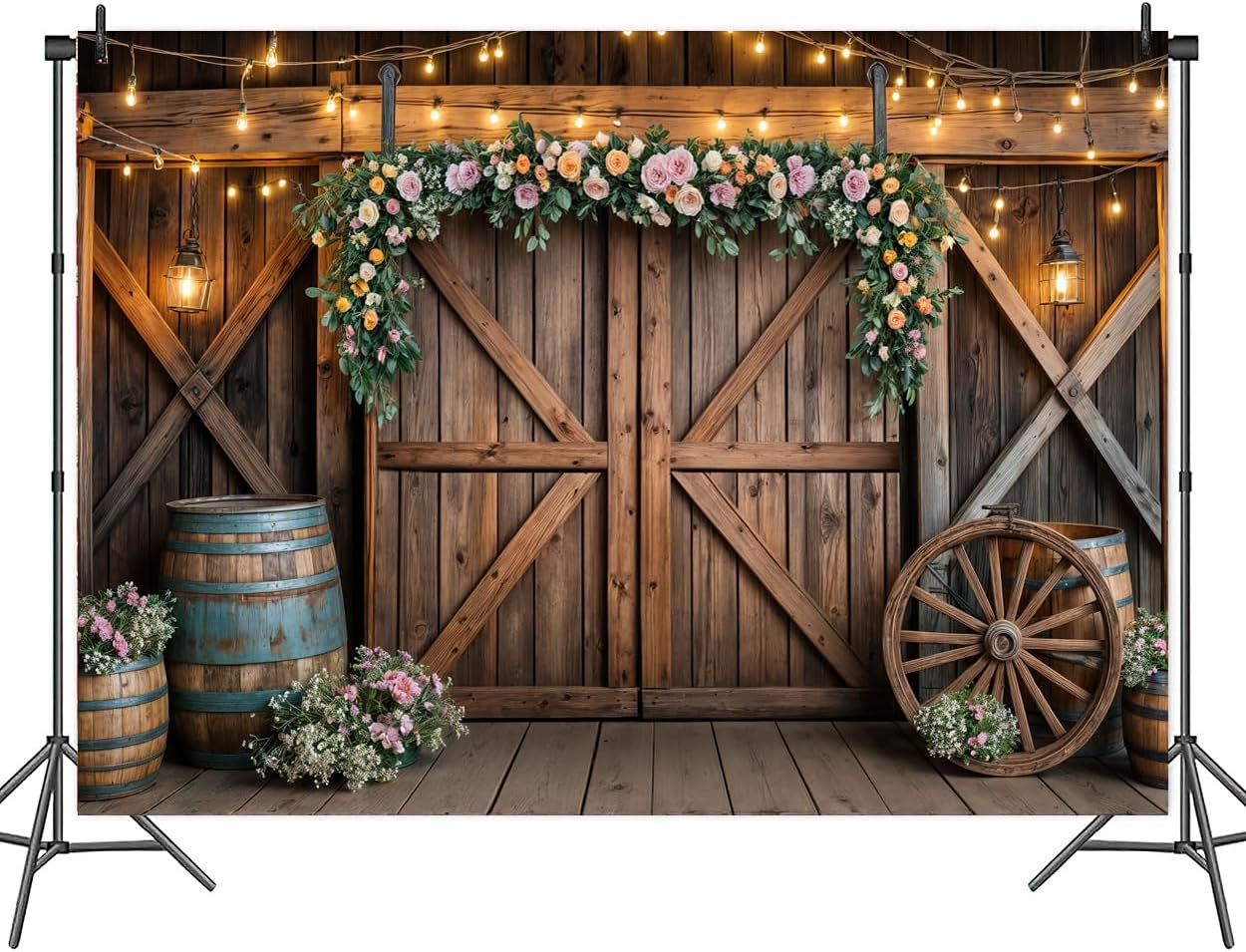 10x8ft Country Wedding Photography Backdrop Rustic Barn Door Photography Backdrop Farmhouse Pink Flower Cabin Wooden Birthday Baby Shower Wedding Bridal Party Banner Photo Booth Props Background