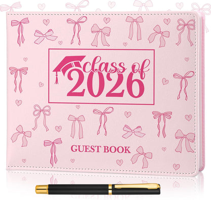 Patelai Pink Bow Graduation Guest Book Class of 2026 Party Decorations Leather Graduation Guest Signature Party Sign Gift with Pen, 112 Pages (Congrats Grad)