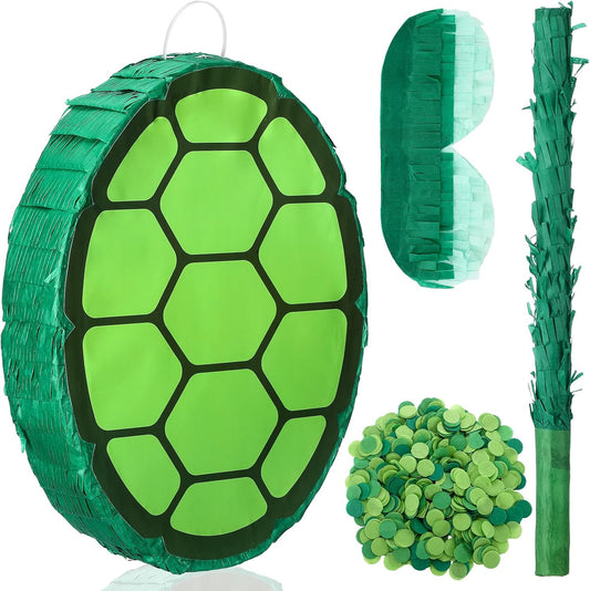 4 Pcs Green Turtle Piñata Birthday Decorations 12.6 x 3.1'' Turtle Piñata Set with Batting Stick Eye Mask Blindfold and Confetti for Birthday Decorations Props