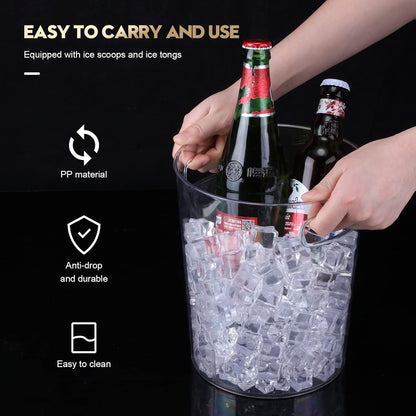 Rtteri 6 Set Plastic Ice Buckets for Parties with Handle, Scoop, Serving Tongs, Large Clear Ice Bucket Round Chiller Beverage Tubs Drink Bottle Cooler for Champagne Beer Wine(4 L)