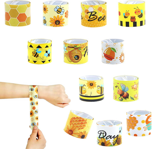 Qpout 48pcs Bee Slap Bracelets Honeycomb Wristbands Assorted Color Bee Theme Party Favors Sunflower Wristband Honeybee Yellow Bee Birthday Slap Bands Baby Shower for Classroom Prizes