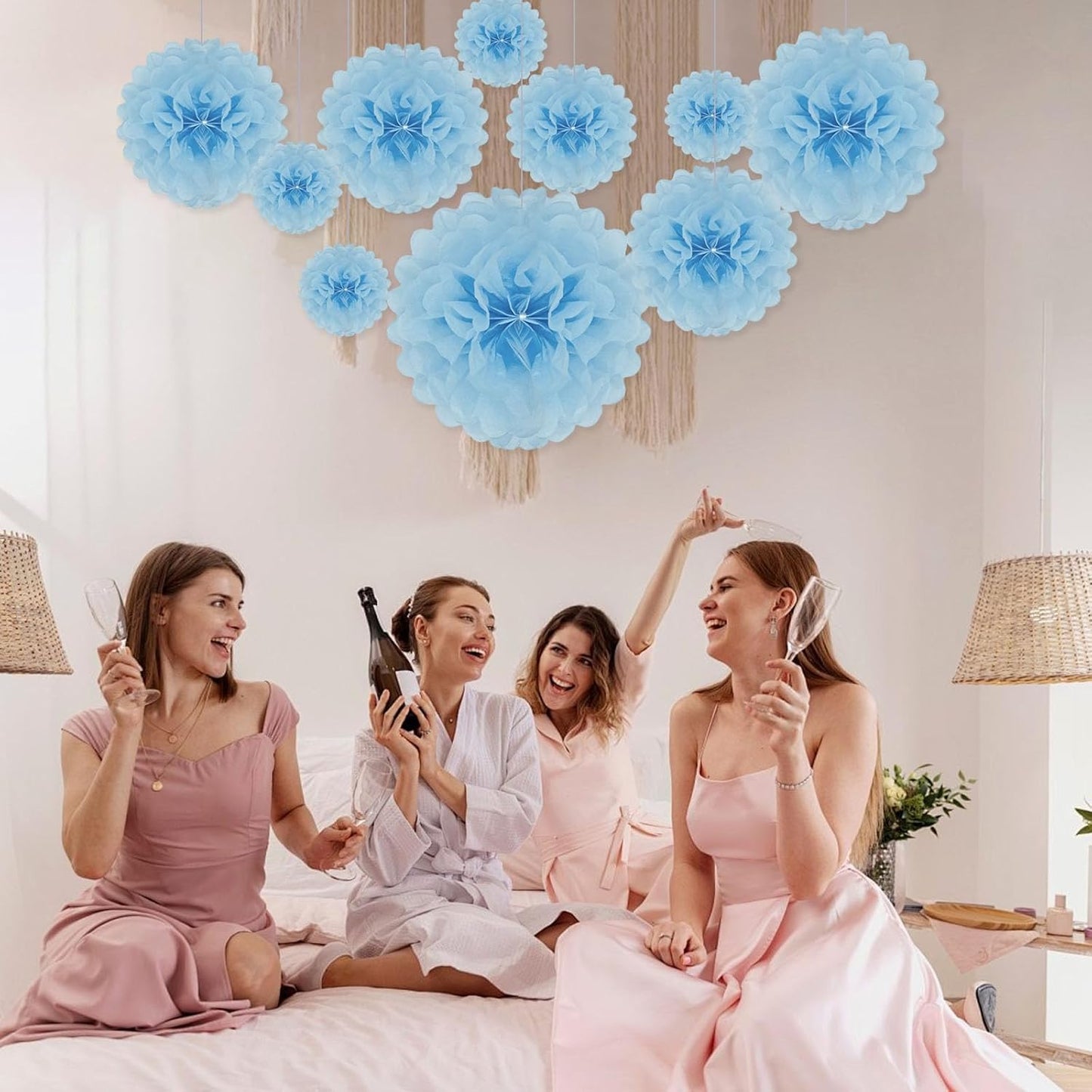Tissue Paper Pom Poms, Pink Tissue Paper Flowers, Hanging Flower Balls for Weddings Fiesta Parties Birthday Baby Showers Classroom Bridal Shower Decoration (18Piece Set-6/10/12/14Inch)