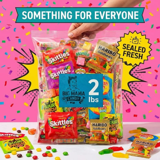 Big Mama Candy Variety Pack 2 lb - Bulk Assorted Candy Mix Individually Wrapped - Gummy, Sour & Chewy Candies for Party Favors, Pinata, Goodie Bags, Father's Day - Ice Pack Included
