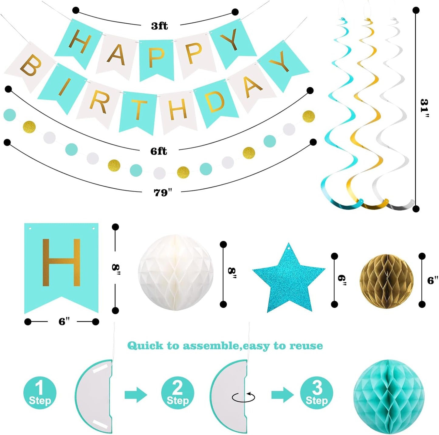 meowtastic Birthday Decorations, Happy Birthday Banner with Honeycomb Balls, Stars Hanging Swirl Streamers, Circle Dots Garland, Happy Birthday Party Decorations for Women Men Boys Girls (Blue)