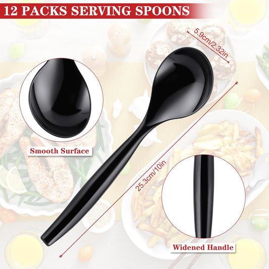 Mwellewm 10" Serving Spoons Plastic Serving Utensils 12 Packs Disposable Spoons for Buffet Large Heavy Duty Black Plastic Soup Spoons Catering Supplies for Parties Weddings Gatherings Holiday