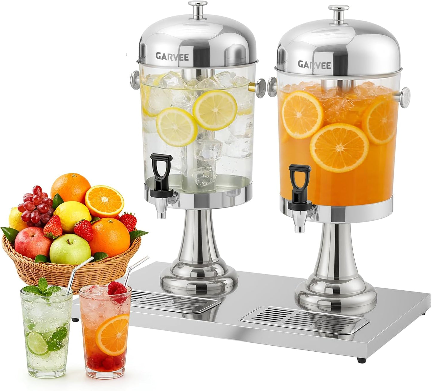 GarveeHome 2.2 Gallon Beverage Dispenser with Ice Core, Stainless Steel Cold Drink Dispenser with Stand, Spigot & Drip Tray for Lemonade, Iced Tea, Juice, Parties, Weddings & Events