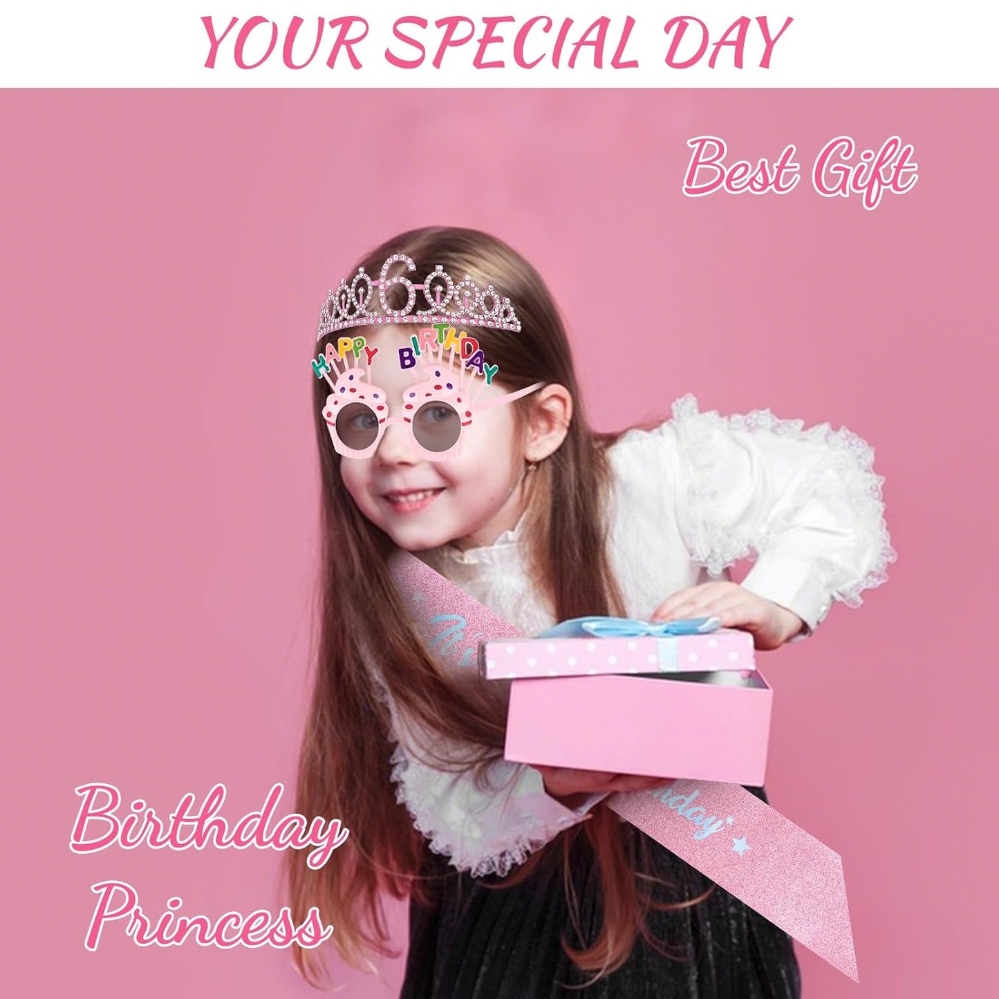 YARIEW 3rd Birthday Decorations, 3rd Glitter Purple Sash and Crown Kit with Happy Birthday Sunglasses, Tiara Princess Crown and Sash Party Outfit Accessory