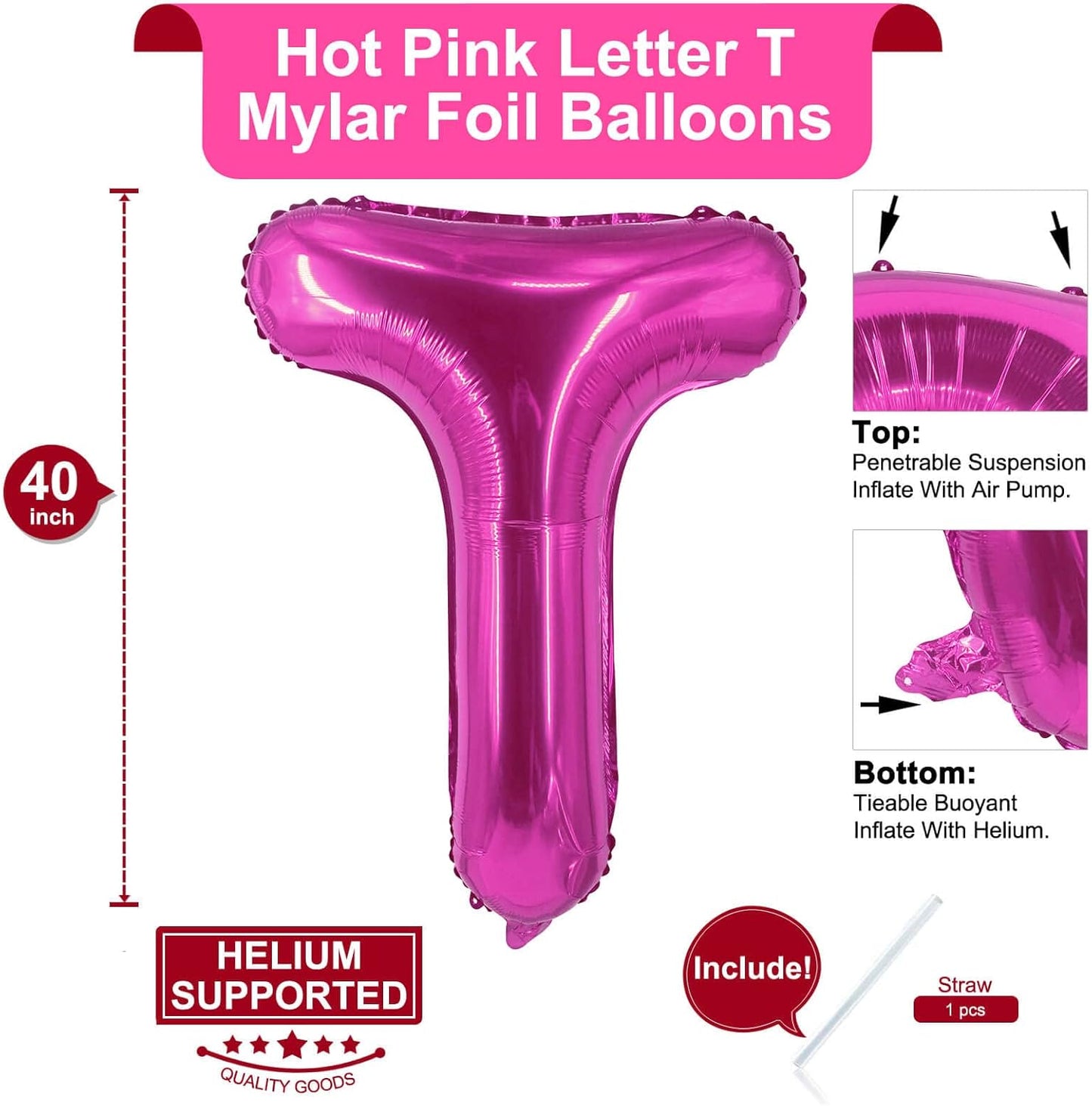 Lovoir 40 Inch Large Hot Pink Letter A Balloons Big Size Jumbo Mylar Foil Helium Balloon for Birthday Party Celebration Decorations Alphabet Hot Pink A
