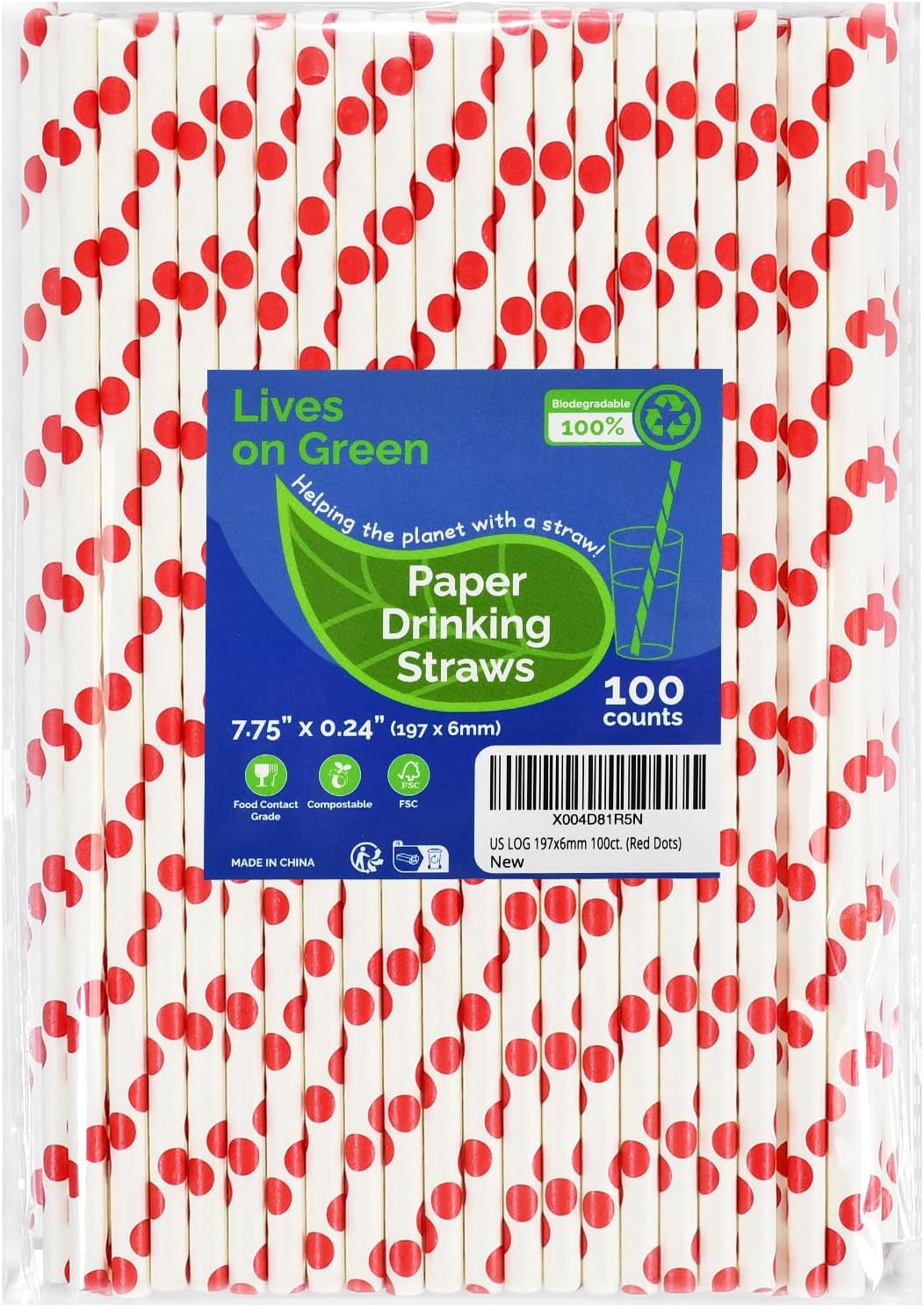 Disposable Paper Straws Solid Green - 7.75'' x 0.24'', 100 Counts - for Drinking, Beverage, Juice, Soda, Bar Supplies