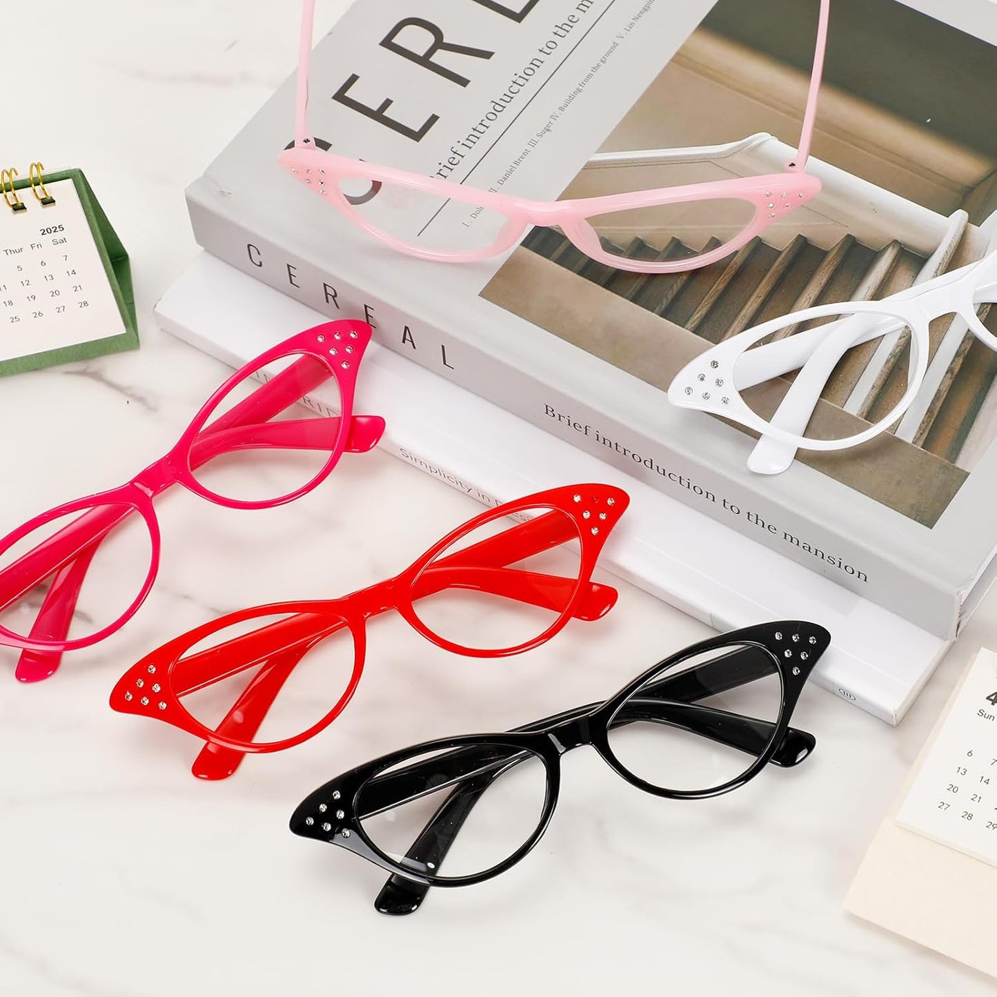 5 Pairs Cat Eye Rhinestone Glasses, Retro Party Costume Glasses for 50's 60's Hip Hop Dress up Halloween Party Favor in Red, Black, White, Pink, Rose Red
