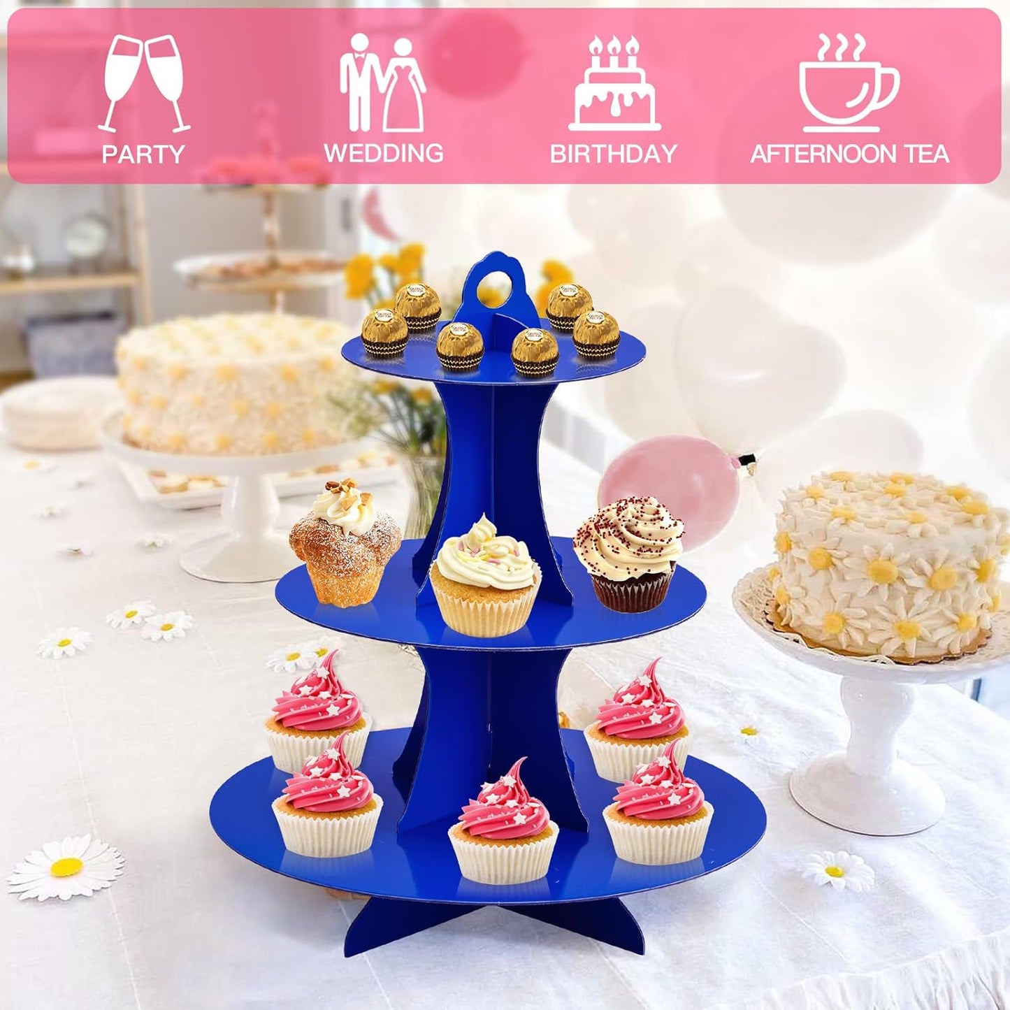 Soleebee 3-Tier Round Cupcake Stand, Cardboard Cupcake Tower, Dessert Cup Cake Stand Tower for Birthday Wedding Party Decoration, Cupcake Tier Stand 1 Set (Hot Pink)