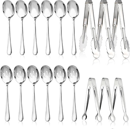 Mwellewm 18Pcs Serving Utensils, Serving Spoons for Buffet, Serving Tongs for Food, Slotted Spoons, Stainless Steel Banquet Cutlery Set for Parties Weeding Birthday Entertaining Catering(Silver)