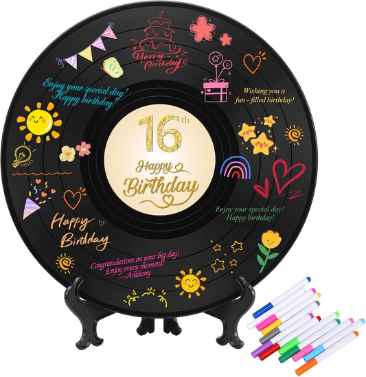 Hwxtoxy Sweet 16 Party Decorations Vinyl Record 11.8"X11.8", 16th Birthday Decorations, Birthday Guest Book Alternative, Sweet 16 Sign, Poster Record Decor,Great Gifts for Girls or Boys (2PCS-16th)
