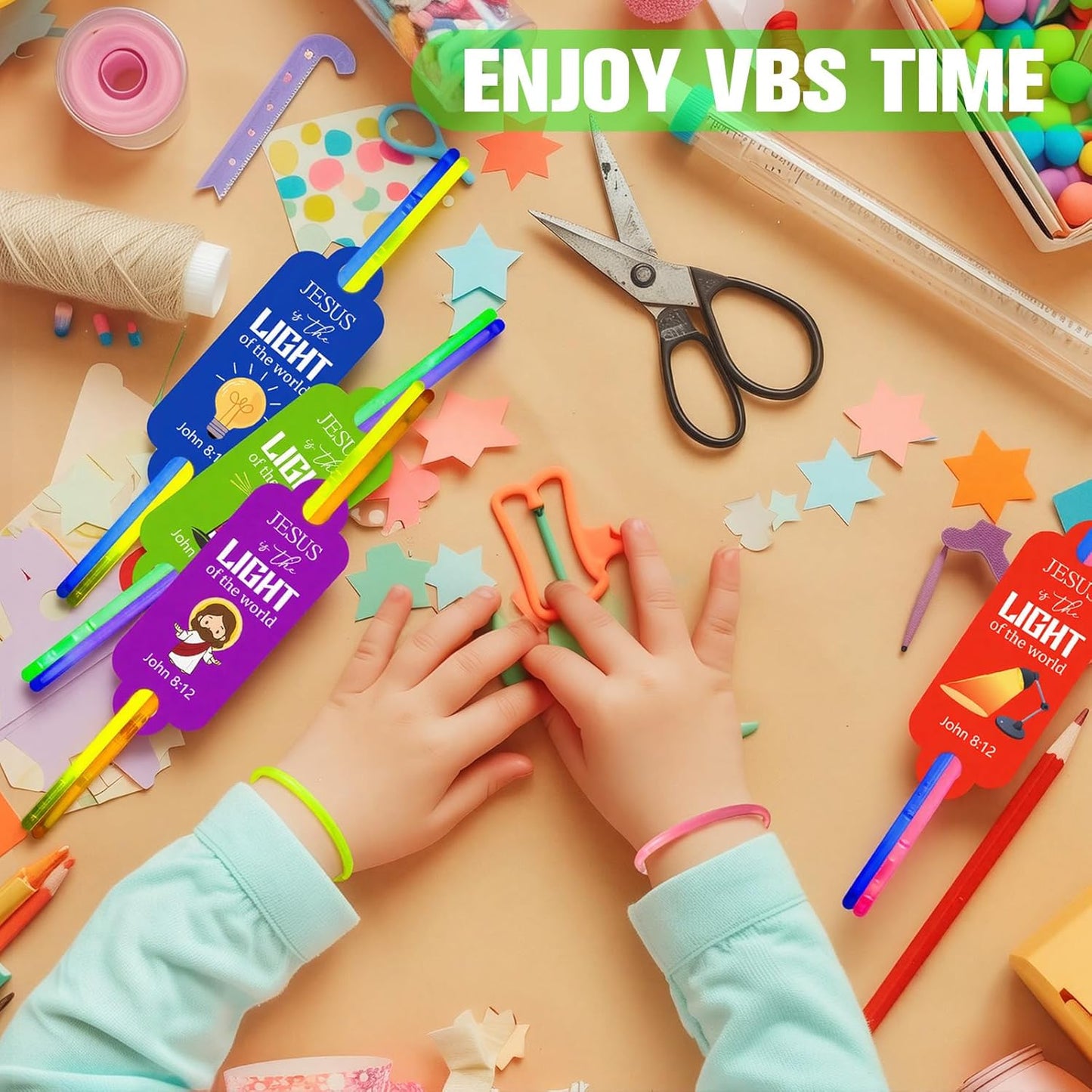 Civaner 48 Packs 2026 Vbs Decorations Christian Gifts Cards with 100 Light Sticks Jesus Is The Light of The Word Cards Glow in The Dark Party Favors Religious Bible Verse Sticks for Vbs Neon Supplies
