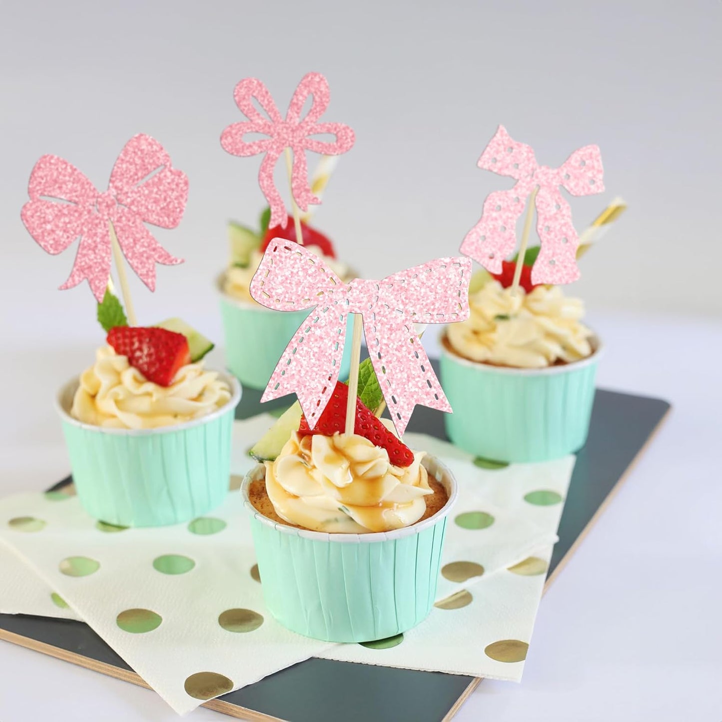 Ephlyn 24Pcs Pink Bow Cupcake Toppers Bow Birthday Cake Topper Girls Birthday Party Decorations Bowknot Cupcake Decorations for Bridal Wedding Themed Party Multi