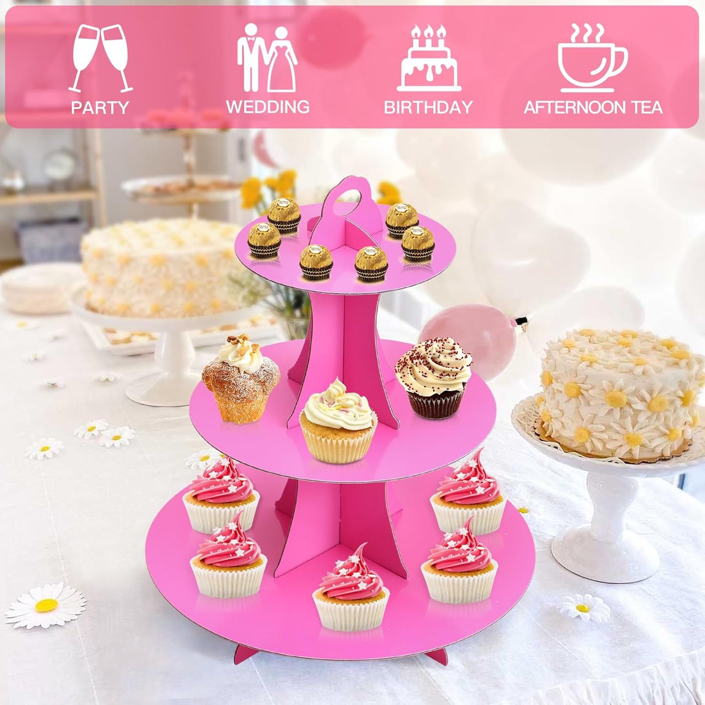 Soleebee 3-Tier Round Cupcake Stand, Cardboard Cupcake Tower, Dessert Cup Cake Stand Tower for Birthday Wedding Party Decoration, Cupcake Tier Stand 1 Set (Hot Pink)