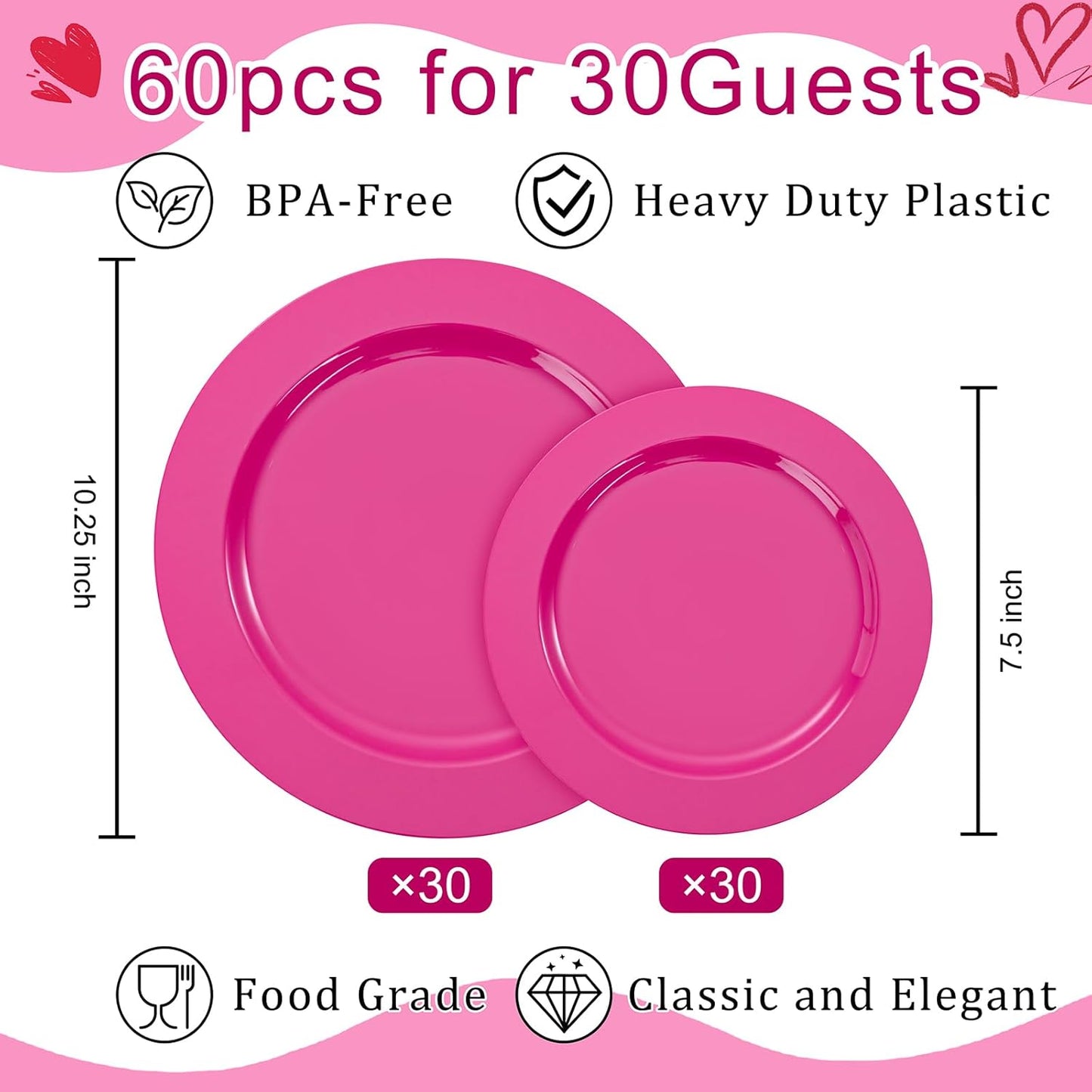 FLOWERCAT 60PCS White Plastic Plates - Heavy Duty White Disposable Plates for Mother's Day/Birthday Party/Wedding -serve for 30 guests Include 30PCS 10.25" & 30PCS 7.5" Plates for Party