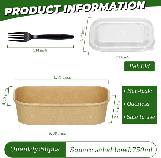 50-Pack 29oz Disposable Kraft Paper Bowls【with Lids and Forks】,Meal Prep Containers Disposable Togo Food Deli Containers for Restaurant Supplies Take Out Containers, Microwave Safe for Hot/Cold Food