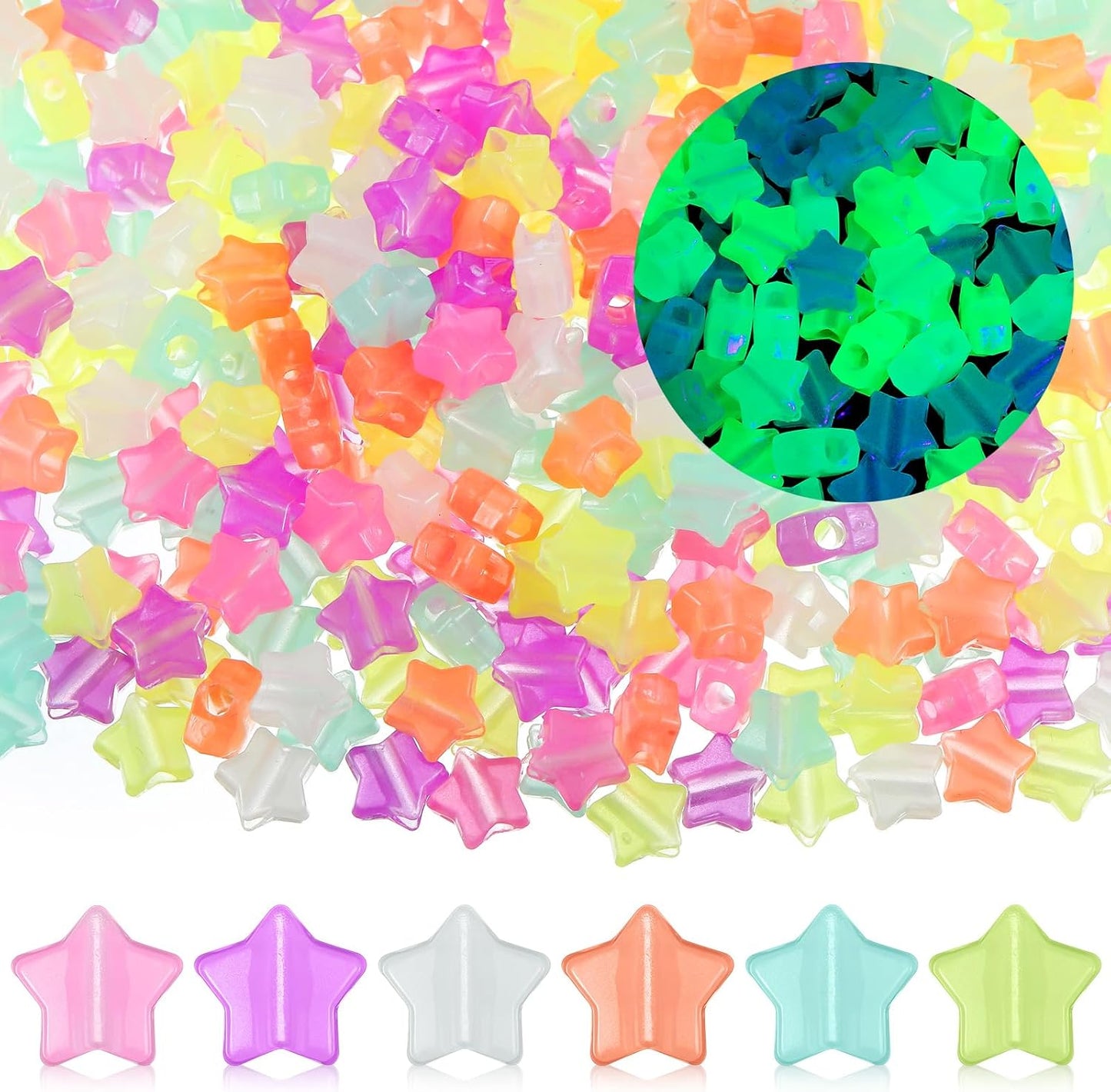 Kenning 500 Pcs 13mm Glow in The Dark Star Beads Bulk Star Pony Beads Luminous Supplies for DIY Jewelry Making, Hair Braiding, Bracelets & Necklaces(Multicolored)