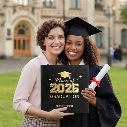 Pajean Graduation Guest Book Set Class of 2026 Memory Scrapbook with Photo Guest Book Sign Dual Tip Pens Photo Corner Stickers Grad Cap Stickers for Grad Party Decorations Supplies Gifts (Black)