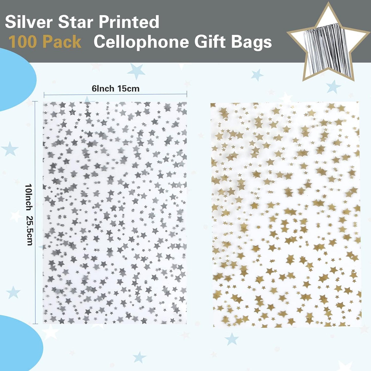 100 Pcs Star Printed 5"X 7" Gift Wrap Cello Cellophane Treat Bags Party Favor bags Clear Candy Cookie Bag Plastic Poly Goodie Storage Bag with Twist Ties for Bakery,Birthday, Wedding ,Party Decorations (Gold)