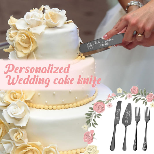 Personalized Cake Cutter Custom Wedding Cake Knife and Server Set Stainless Steel Cake Cutting Set Customize Gifts for Wedding Birthday (Black)