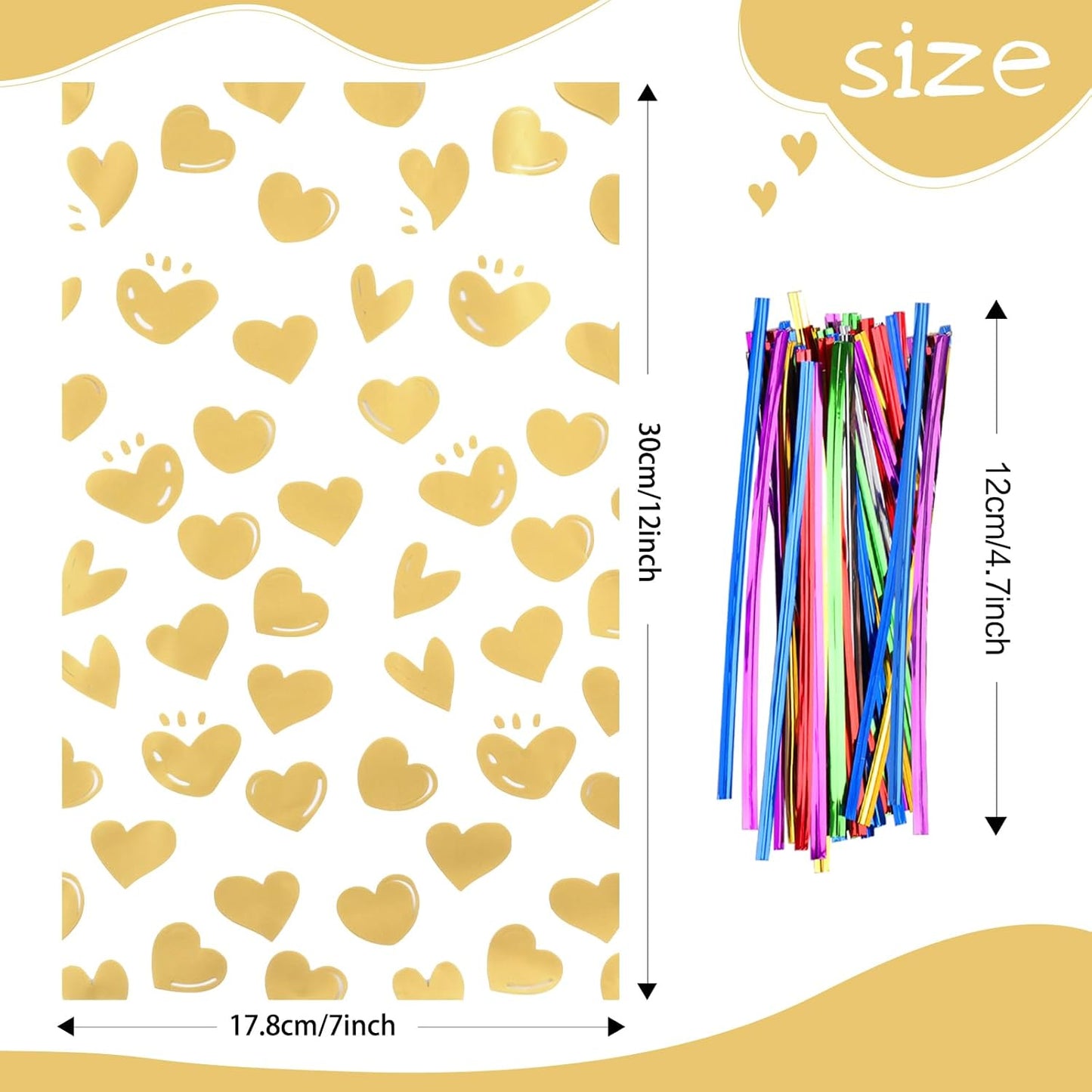 100 Pcs Star Printed 5"X 7" Gift Wrap Cello Cellophane Treat Bags Party Favor bags Clear Candy Cookie Bag Plastic Poly Goodie Storage Bag with Twist Ties for Bakery,Birthday, Wedding ,Party Decorations (Gold)