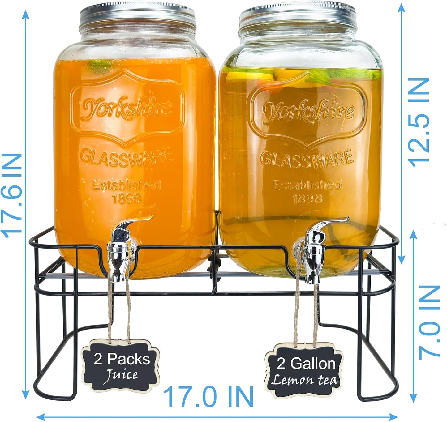 1 Gallon Glass Drink Dispenser for Parties, 2 Packs Juice Lemonade Ice Tea Water Dispenser with Stand, HENABLE Beverage Dispensers with Spigot for BBQ, Picnic, Party