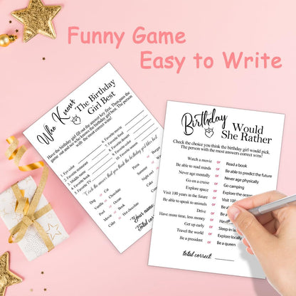 Birthday Party Cards for Girl, Birthday Games Card, Would She Rather Game Cards Set, Birthday Supplies Activity Decorations for Adult Girl, Set of 30 Game Cads