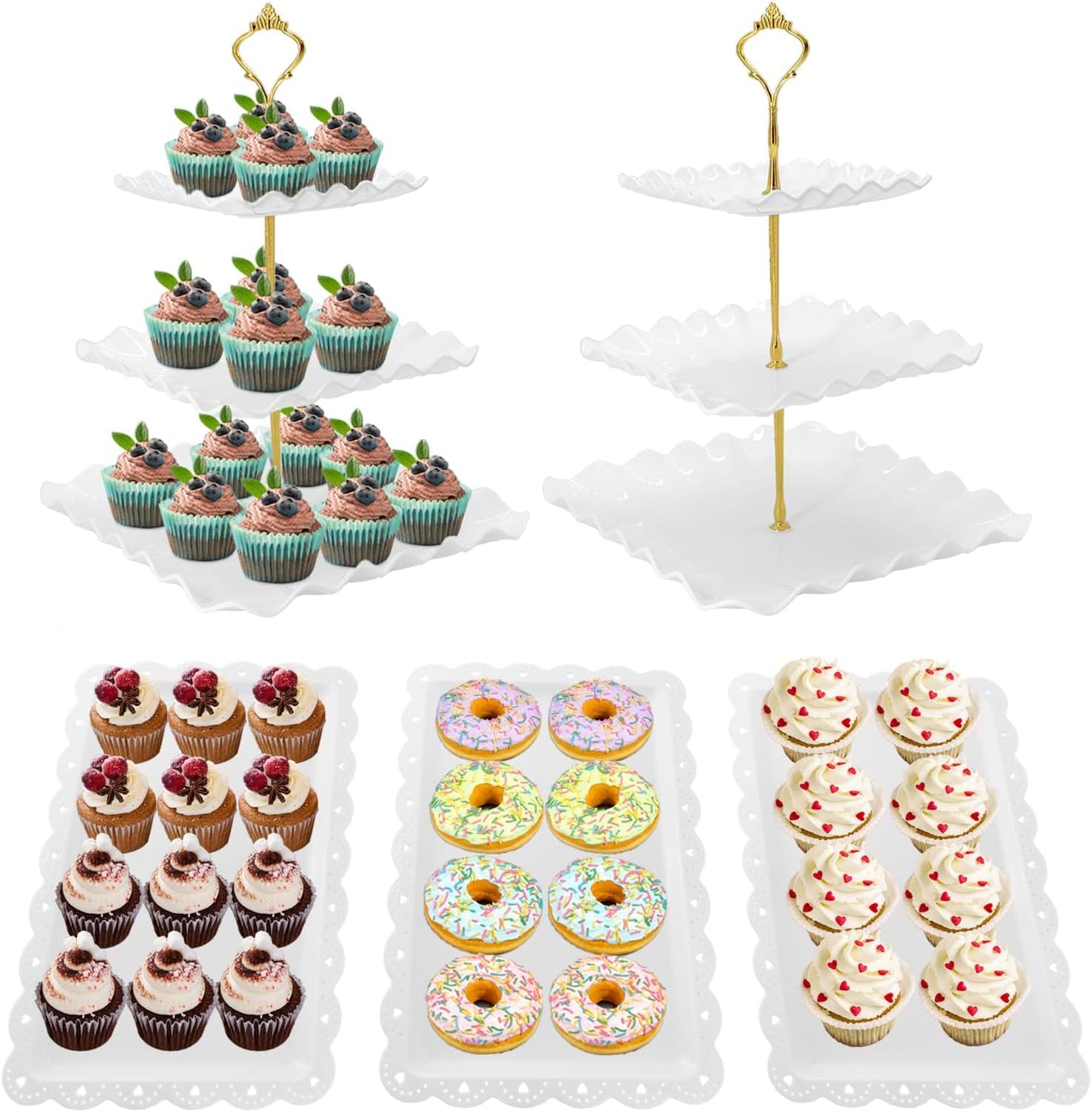 5 Pcs Dessert Table Display Set, White Plastic 2 Pcs Round 3 Tier Cupcake Stand Cup Cake Tower Stand with Metal Rod & 3 Pcs Serving Tray for Baby Shower, Tea Party, Wedding, Birthday Party
