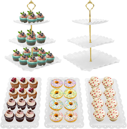 5 Pcs Dessert Table Display Set, White Plastic 2 Pcs Round 3 Tier Cupcake Stand Cup Cake Tower Stand with Metal Rod & 3 Pcs Serving Tray for Baby Shower, Tea Party, Wedding, Birthday Party
