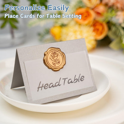 25 Pack Name Cards for Table Setting, Printable Place Cards with Antique Gold Rose Wax Seal Sticker for Wedding, Table Tent Card Stock Decor for Party, Dinner, Home(Pearlized Champagne Gold)