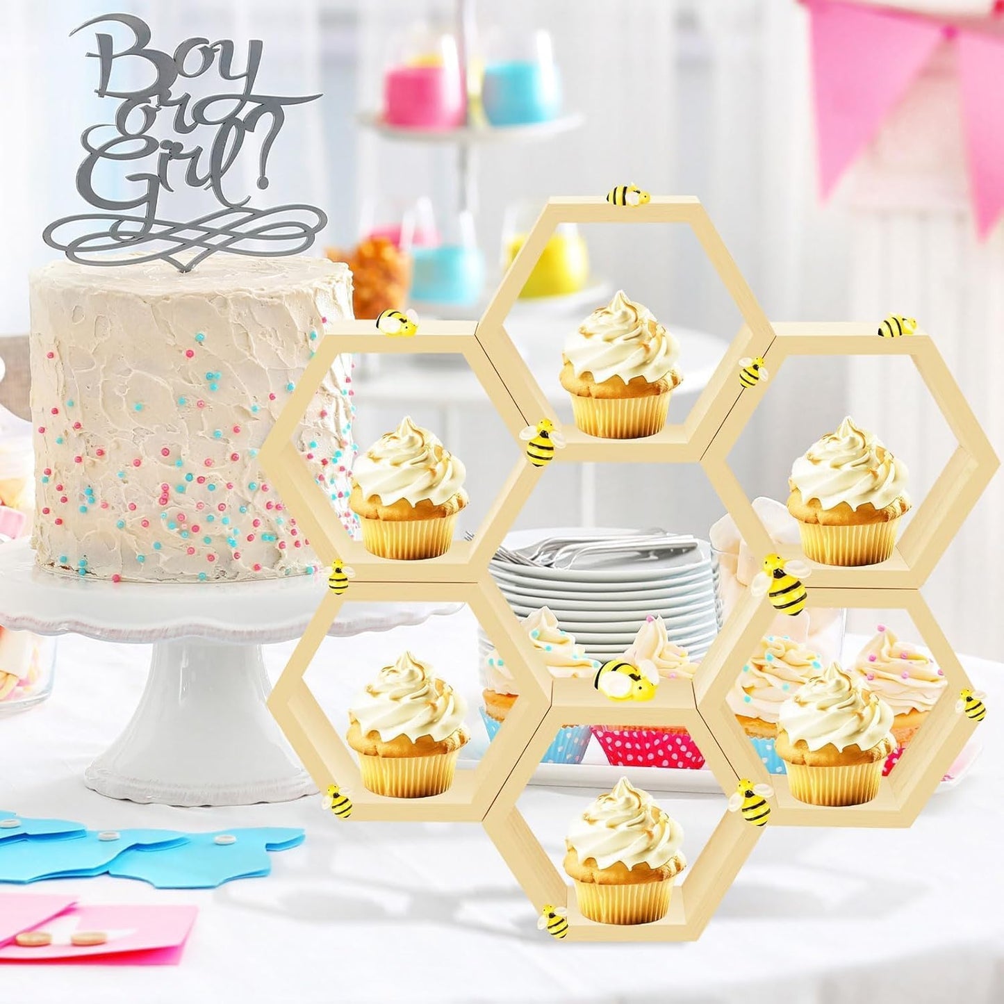 8 Pcs 4.13 Inch Honeycomb Cupcake Stand Cake Farmhouse Hexagon Display Holder Hexagonal Wood Cupcake Stand Floating Table Sign with Wooden Bee for Wedding Baby Shower Birthday Party Table Decorations